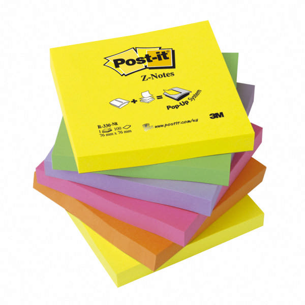 Post-It blokke Z-foldet  76 x 76mm ass farver 