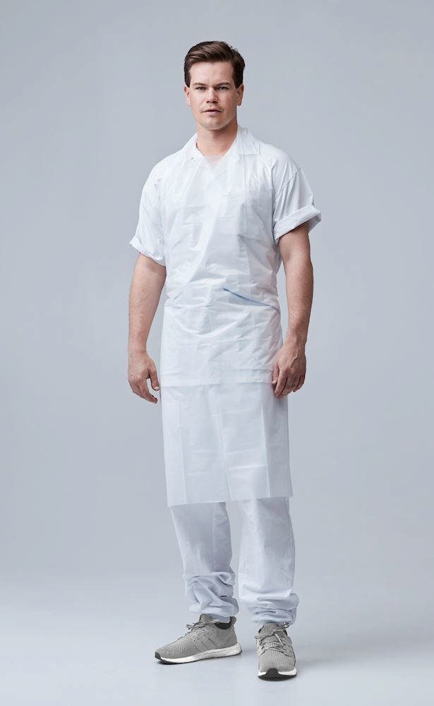 Plastforklæde engangs u/ærmer hvid på rulle